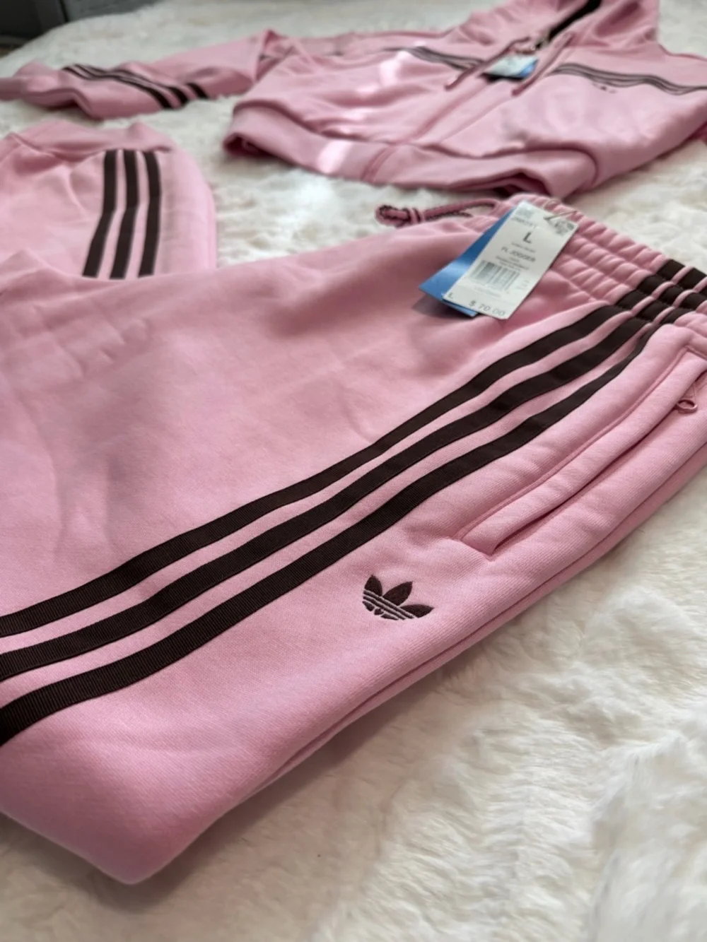 NWT Adidas Originals 70s Short Full Zip Fleece Hoodie & Joggers, True Pink - Picture 3 of 8
